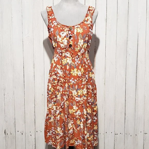 Lapis Dress L Orange Floral Sleeveless Cottage Prairie Tomato Bloom Earthy Mod - Picture 1 of 6
